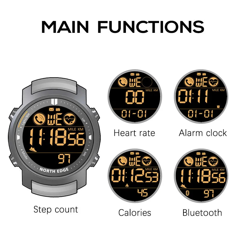 NORTH EDGE Men's Digital Watch Military Waterproof 50M Running Sports Pedometer Stopwatch Watch Heart Rate Wristband Android IOS