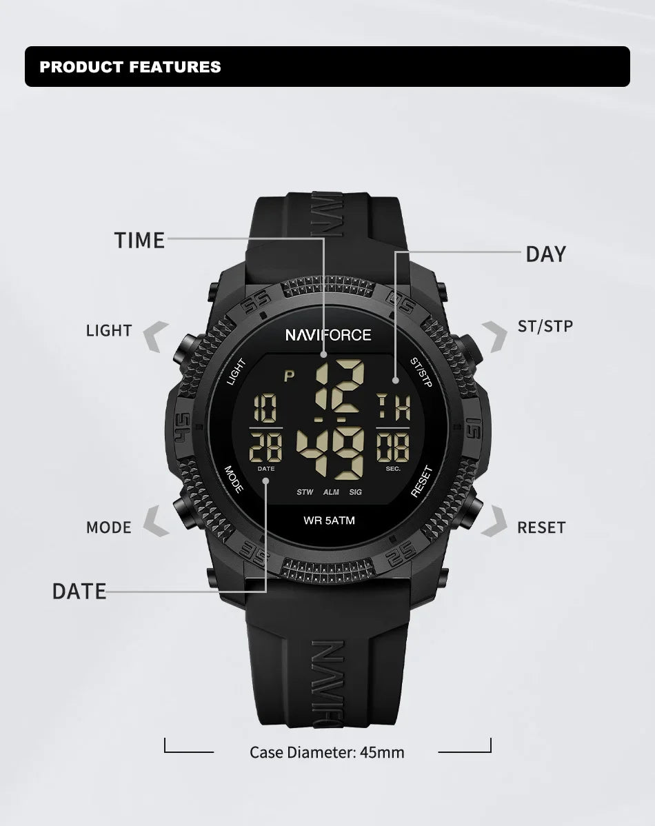 NAVIFORCE NF7104  Men's LCD Digital Casual Date and Week Alarm Waterproof Silicone Strap Electronic Watch