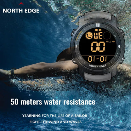 NORTH EDGE Men's Digital Watch Military Waterproof 50M Running Sports Pedometer Stopwatch Watch Heart Rate Wristband Android IOS